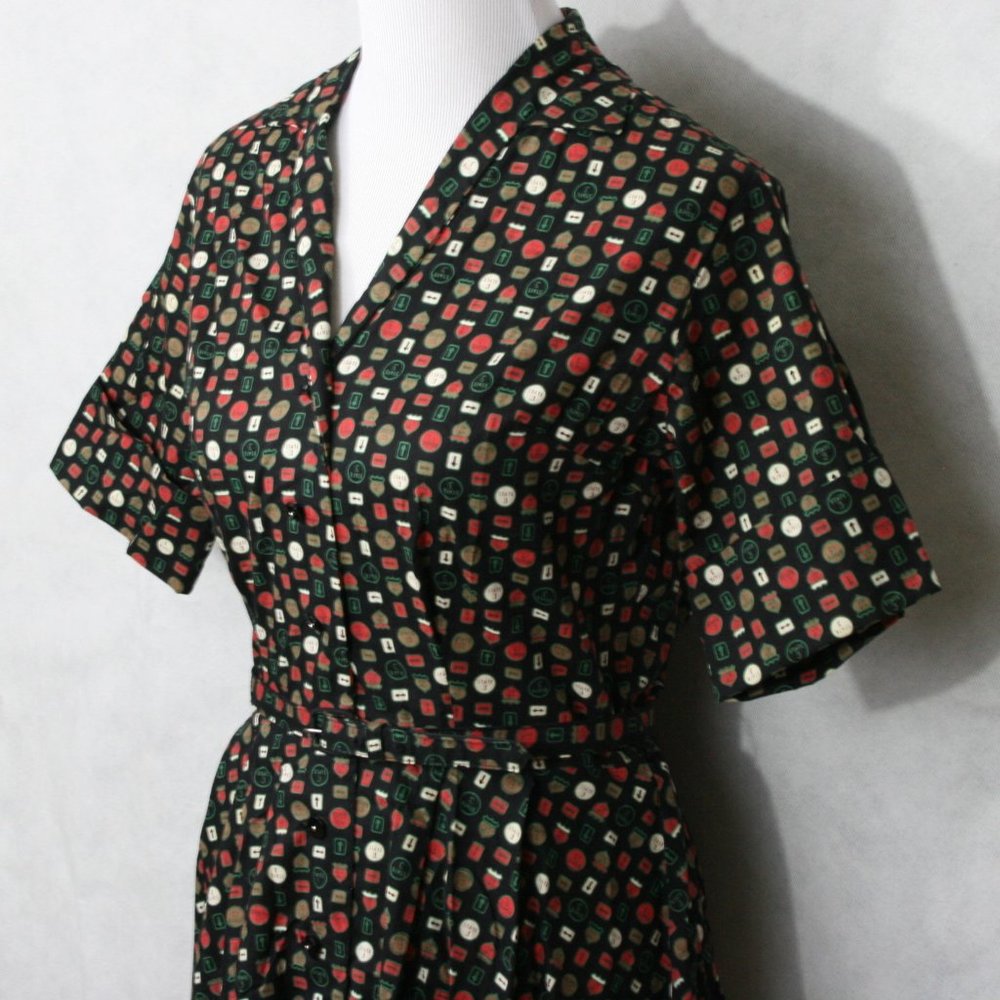 Vintage 50's Susan Ross Black Cotton Road Sign Midi Dress w/ Belt SZ S EUC - Picture 4 of 8